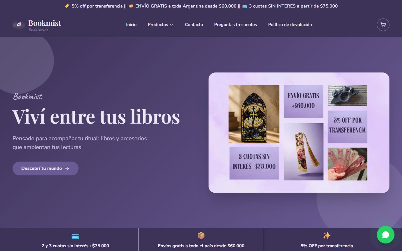 Bookmist homepage: logo, the tagline Viví entre tus libros, product grid and a bar with shipping and instalment offers