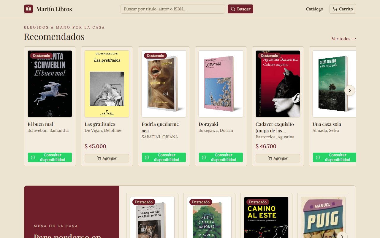 Martín Libros online catalogue: header with search and cart, and a row of recommended titles with covers and prices